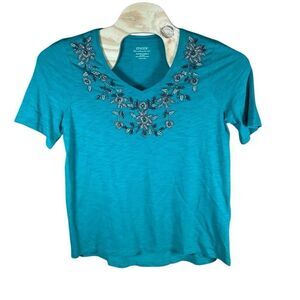 Chico's The Ultimate Tee Size 2 (Large) Embellished Jeweled Green Shirt